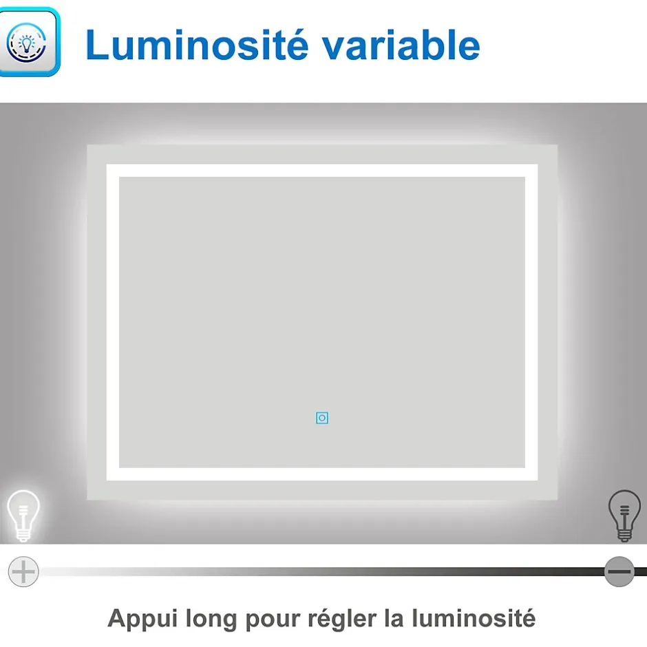 AICA Sanitaire Miroir de salle de bain LED dimmable, avec mémoire et anti-buée, 160x80cm, IP44,* Miroir Lumineux
