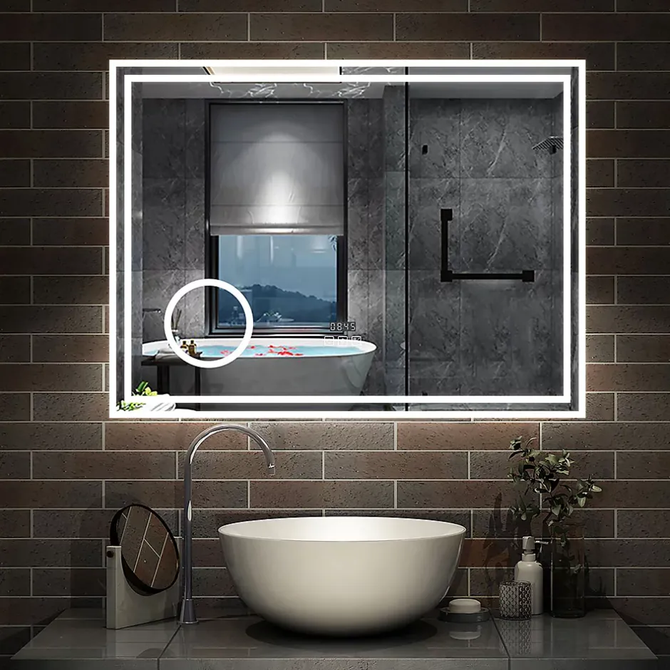 AICA Sanitaire Miroir de salle de bain LED 100x60cm Tricolor anti-buée avec bluetooth simple, horloge et miroir grossissant 3x,* Miroir Lumineux
