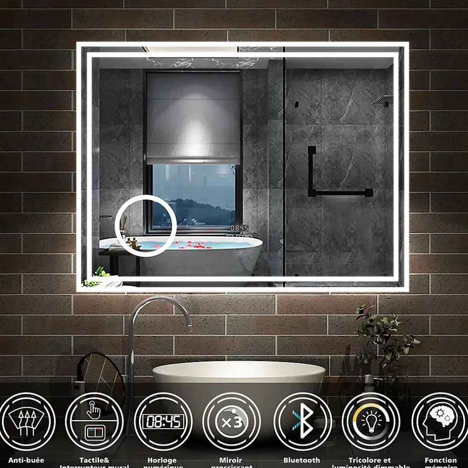 AICA Sanitaire Miroir de salle de bain LED 100x60cm Tricolor anti-buée avec bluetooth simple, horloge et miroir grossissant 3x,* Miroir Lumineux