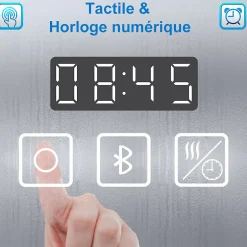 AICA Sanitaire Miroir de salle de bain LED 100x60cm Tricolor anti-buée avec bluetooth simple, horloge et miroir grossissant 3x,* Miroir Lumineux
