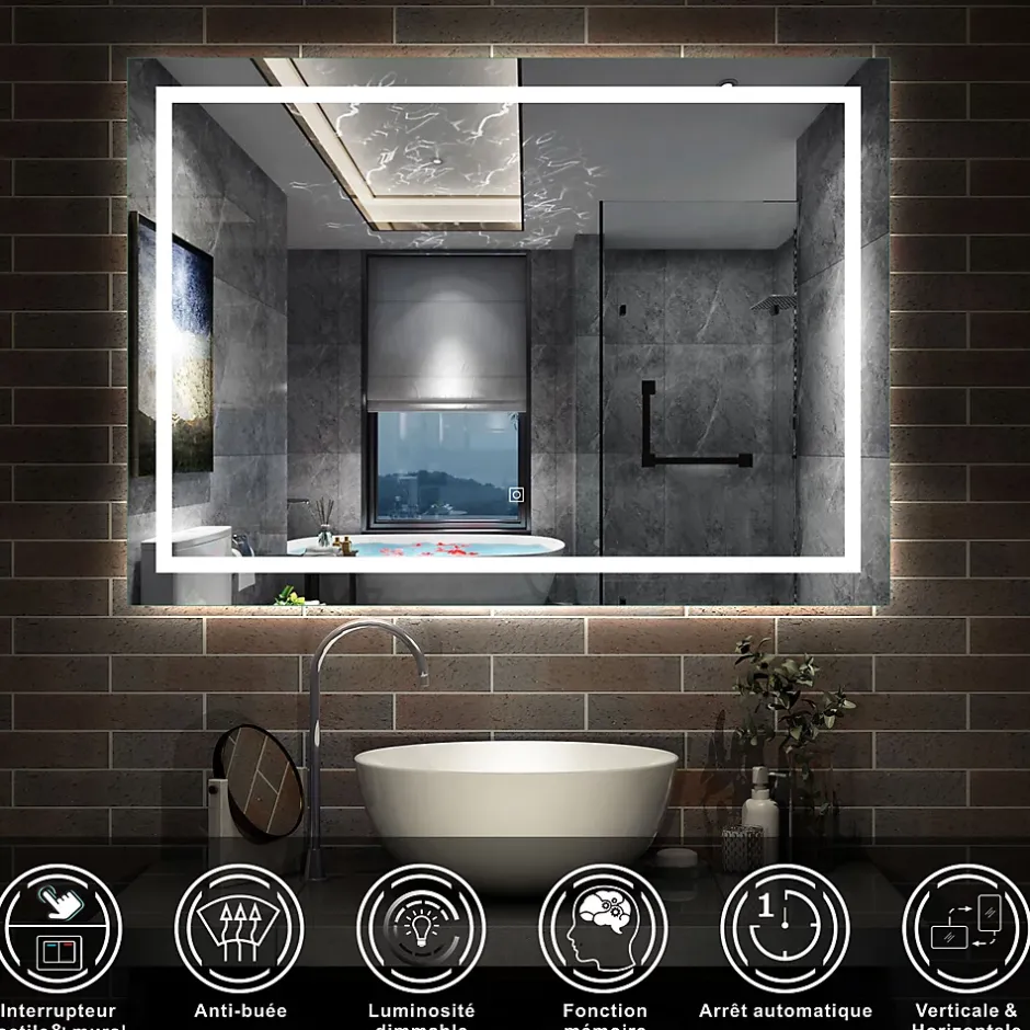 AICA Sanitaire Miroir de salle de bain LED dimmable, avec mémoire et anti-buée, 120x70cm, IP44,* Miroir Lumineux