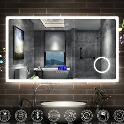 AICA Sanitaire Miroir de salle de bain led bluetooth, 140x80cm Anti-buée, 3x Loupe, 3 couleurs de lumière,
