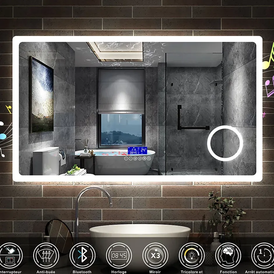 AICA Sanitaire Miroir de salle de bain led bluetooth, 140x80cm Anti-buée, 3x Loupe, 3 couleurs de lumière,