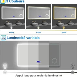 AICA Sanitaire Miroir de salle de bain led bluetooth, 140x80cm Anti-buée, 3x Loupe, 3 couleurs de lumière,