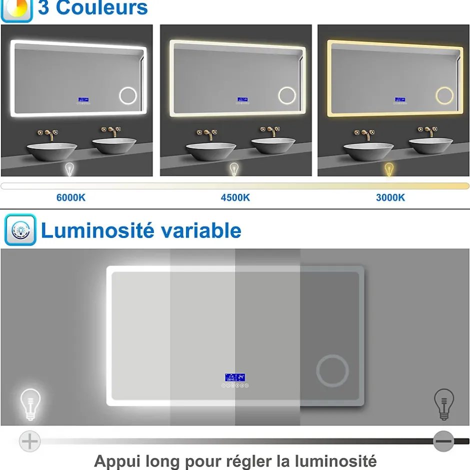 AICA Sanitaire Miroir de salle de bain led bluetooth, 140x80cm Anti-buée, 3x Loupe, 3 couleurs de lumière,