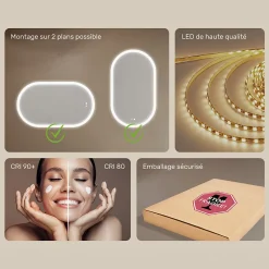 Artforma Miroir de salle de bain lumineux - - Ovale - 120x70cm - LED Dual + interrupteur tactile + anti-buée* Miroir Lumineux
