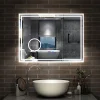 AICA Sanitaire Miroir de salle de bain LED 100x60cm Tricolor anti-buée avec bluetooth simple, horloge et miroir grossissant 3x,