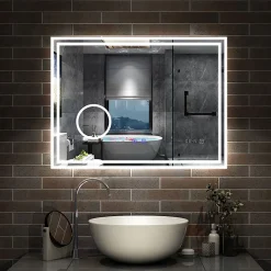 AICA Sanitaire Miroir de salle de bain LED 100x60cm Tricolor anti-buée avec bluetooth simple, horloge et miroir grossissant 3x,
