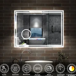 AICA Sanitaire Miroir de salle de bain LED 100x60cm Tricolor anti-buée avec bluetooth simple, horloge et miroir grossissant 3x,