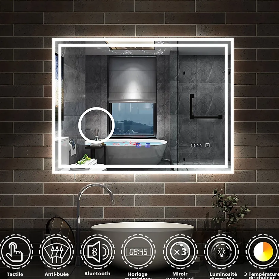AICA Sanitaire Miroir de salle de bain LED 100x60cm Tricolor anti-buée avec bluetooth simple, horloge et miroir grossissant 3x,
