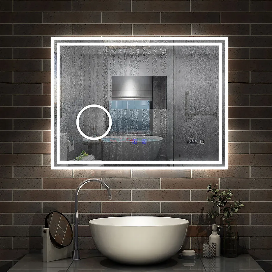 AICA Sanitaire Miroir de salle de bain LED 100x60cm Tricolor anti-buée avec bluetooth simple, horloge et miroir grossissant 3x,