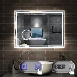 AICA Sanitaire Miroir de salle de bain LED 100x60cm Tricolor anti-buée avec bluetooth simple, horloge et miroir grossissant 3x,