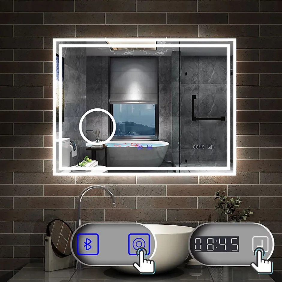 AICA Sanitaire Miroir de salle de bain LED 100x60cm Tricolor anti-buée avec bluetooth simple, horloge et miroir grossissant 3x,