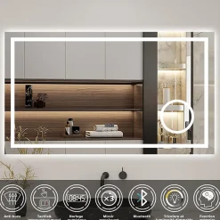 AICA Sanitaire Miroir de salle de bain LED 80x60cm tricolore anti-buée + loupe + bluetooth + horloge + mémoire + dimmable,* Miroir Lumineux