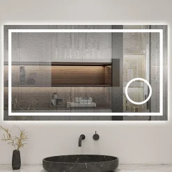 AICA Sanitaire Miroir de salle de bain LED 80x60cm tricolore anti-buée + loupe + bluetooth + horloge + mémoire + dimmable,* Miroir Lumineux