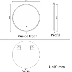AICA Sanitaire Miroir de salle de bain led rond 60 cm, anti buée miroir avec interrupteur tactile,lumière blanche,* Miroir Lumineux