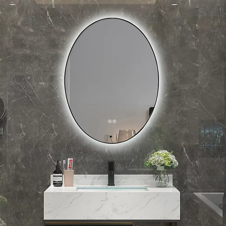 Luxury Bain Miroir de salle de bain LED 50x70cm ovale anti buée avec cadre en aluminium noir LuxuryBain* Miroir Lumineux