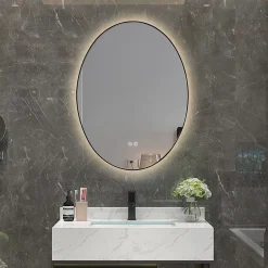 Luxury Bain Miroir de salle de bain LED 50x70cm ovale anti buée avec cadre en aluminium noir LuxuryBain* Miroir Lumineux