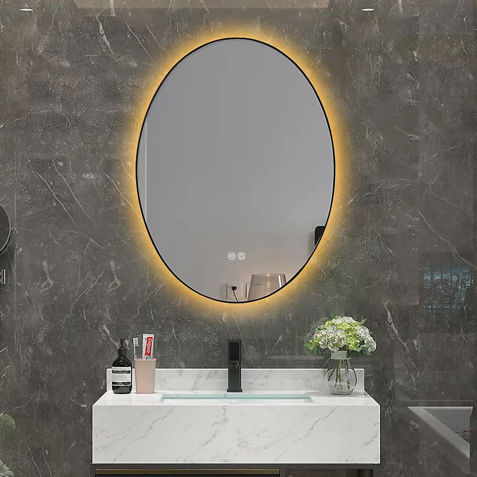 Luxury Bain Miroir de salle de bain LED 50x70cm ovale anti buée avec cadre en aluminium noir LuxuryBain* Miroir Lumineux