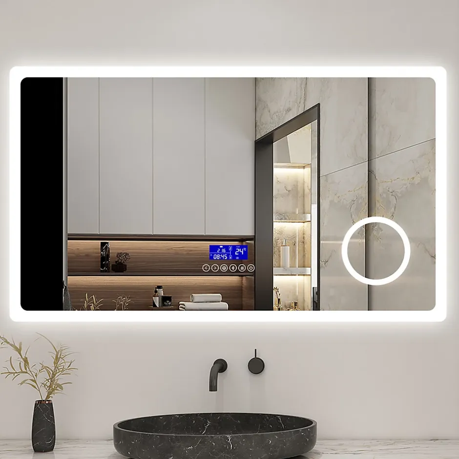 AICA Sanitaire Miroir de salle de bain led bluetooth, 140x80cm Anti-buée, 3x Loupe, 3 couleurs de lumière,* Miroir Grossissant Lumineux