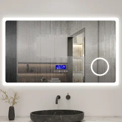 AICA Sanitaire Miroir de salle de bain led bluetooth, 140x80cm Anti-buée, 3x Loupe, 3 couleurs de lumière,* Miroir Grossissant Lumineux