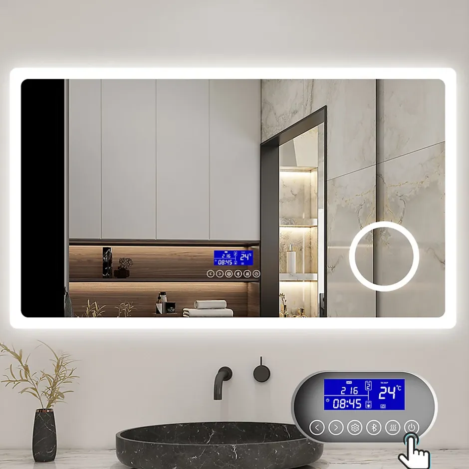 AICA Sanitaire Miroir de salle de bain led bluetooth, 140x80cm Anti-buée, 3x Loupe, 3 couleurs de lumière,* Miroir Grossissant Lumineux