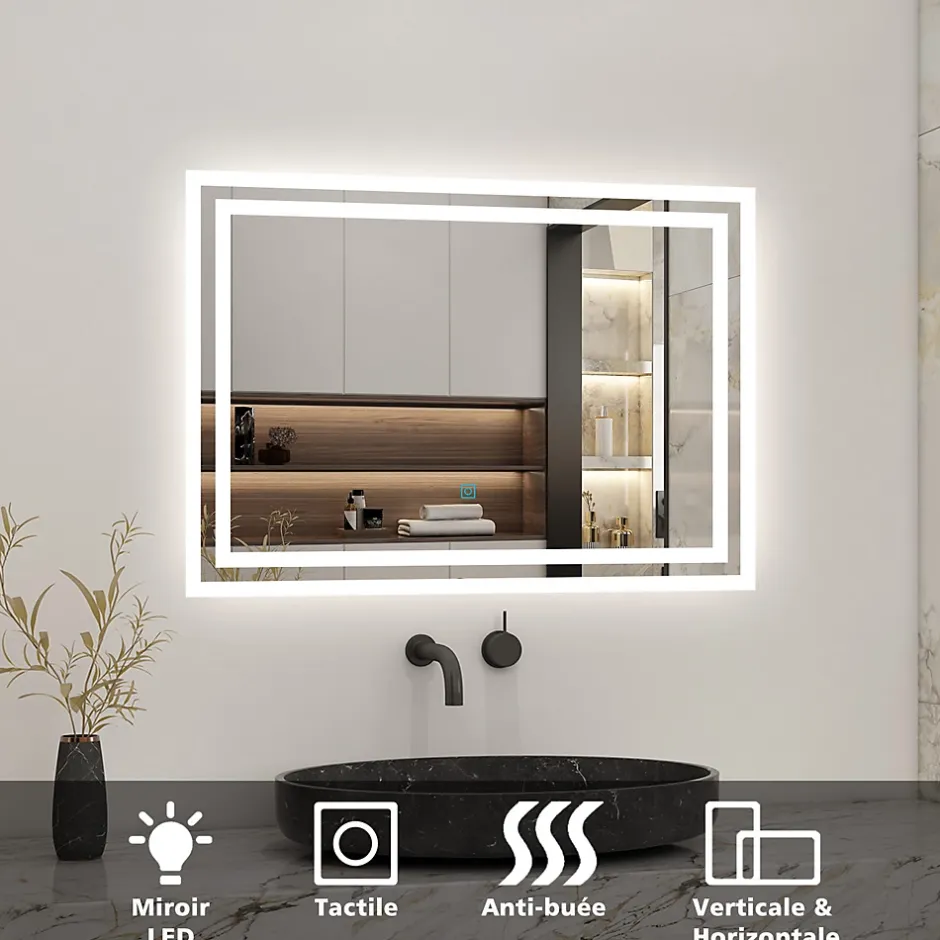 AICA Sanitaire Miroir de salle de bain led tactile, 80x60cm illumination LED intégrée avec fonction anti-buée Blanc froid,