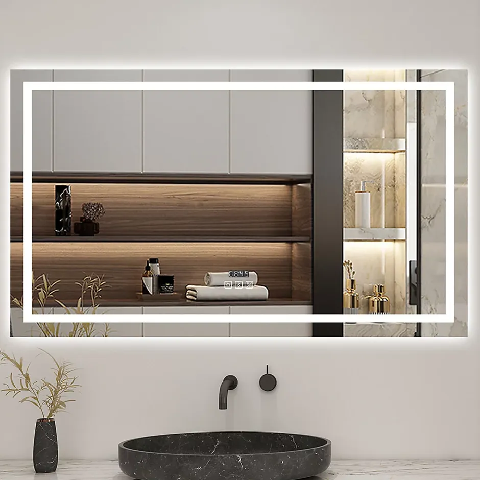 AICA Sanitaire Miroir de salle de bain LED 100x60cm tricolore anti-buée + bluetooth + horloge + mémoire + dimmable,