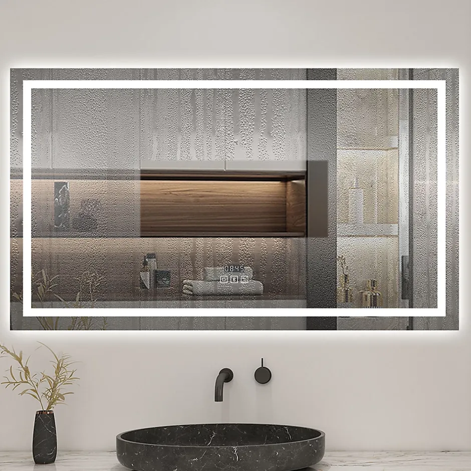 AICA Sanitaire Miroir de salle de bain LED 100x60cm tricolore anti-buée + bluetooth + horloge + mémoire + dimmable,