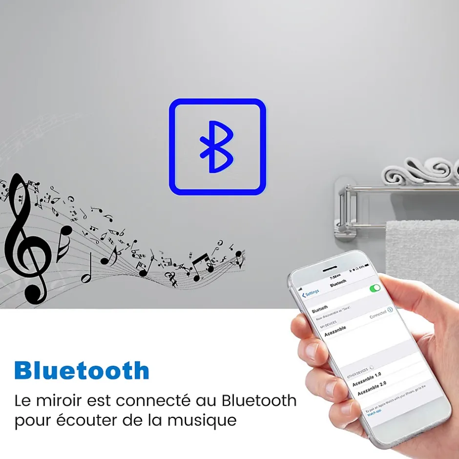 AICA Sanitaire Miroir de salle de bain LED 100x60cm tricolore anti-buée + bluetooth + horloge + mémoire + dimmable,