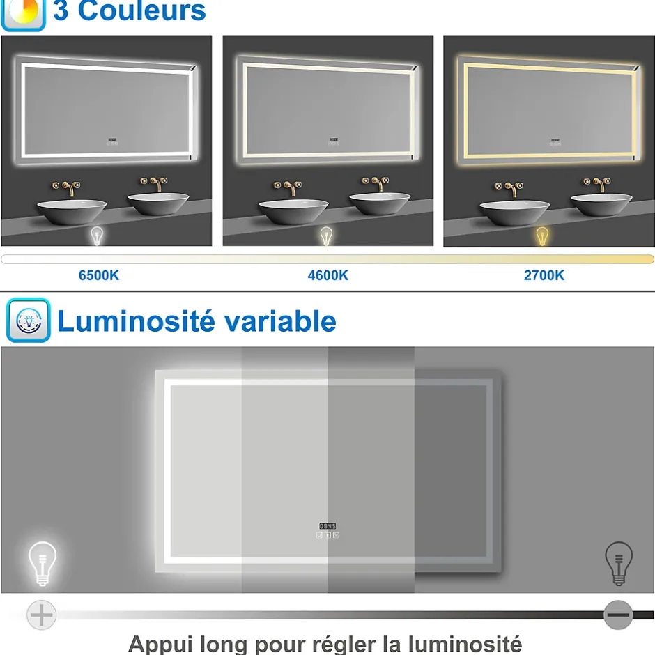 AICA Sanitaire Miroir de salle de bain LED 100x60cm tricolore anti-buée + bluetooth + horloge + mémoire + dimmable,