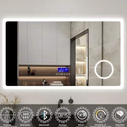 AICA Sanitaire Miroir de salle de bain led bluetooth, 120x70cm Anti-buée, 3x Loupe, 3 couleurs de lumière,* Miroir Grossissant Lumineux