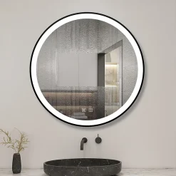 AICA Sanitaire Miroir de salle de bain LED rond 70 cm avec cadre noir, tricolore + anti-buée + mémoire + gradation infinie,* Miroir Lumineux