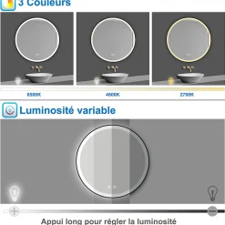 AICA Sanitaire Miroir de salle de bain LED rond 70 cm avec cadre noir, tricolore + anti-buée + mémoire + gradation infinie,* Miroir Lumineux
