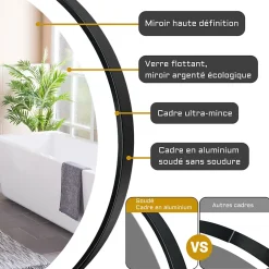 AICA Sanitaire Miroir de salle de bain LED rond 70 cm avec cadre noir, tricolore + anti-buée + mémoire + gradation infinie,* Miroir Lumineux