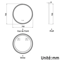 AICA Sanitaire Miroir de salle de bain LED rond 70 cm avec cadre noir, tricolore + anti-buée + mémoire + gradation infinie,* Miroir Lumineux
