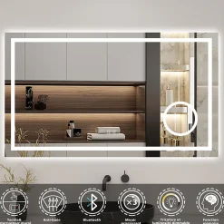 AICA Sanitaire Miroir de salle de bain LED 100x60cm tricolore anti-buée + bluetooth + loupe + mémoire + dimmable,