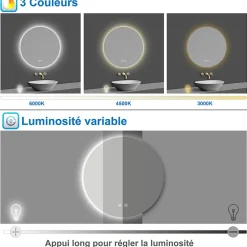 AICA Sanitaire Miroir de salle de bain LED rond 80cm avec rétro-éclairage, tricolore + anti-buée + mémoire + gradation infinie,