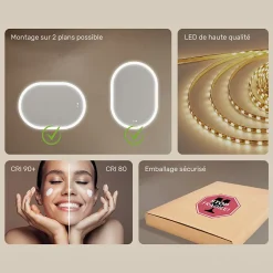 Artforma Miroir de salle de bain lumineux - - Ovale - 100x70cm - LED Dual + interrupteur tactile + anti-buée