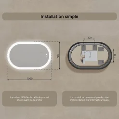 Artforma Miroir de salle de bain lumineux - - Ovale - 100x70cm - LED Dual + interrupteur tactile + anti-buée