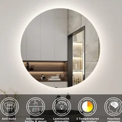 AICA Sanitaire Miroir de salle de bain LED rond 70 cm avec rétro-éclairage, tricolore + anti-buée + mémoire + gradation infinie,