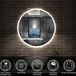 AICA Sanitaire Miroir de salle de bain LED rond de 70cm, dimmable + mémoire + antibuée, avec interrupteur tactile, blanc,* Miroir Lumineux