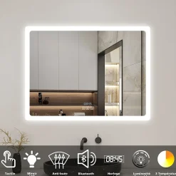 AICA Sanitaire Miroir de salle de bain LED avec bluetooth et horloge, 100x60cm, Tri-color, anti-buée,* Miroir Lumineux