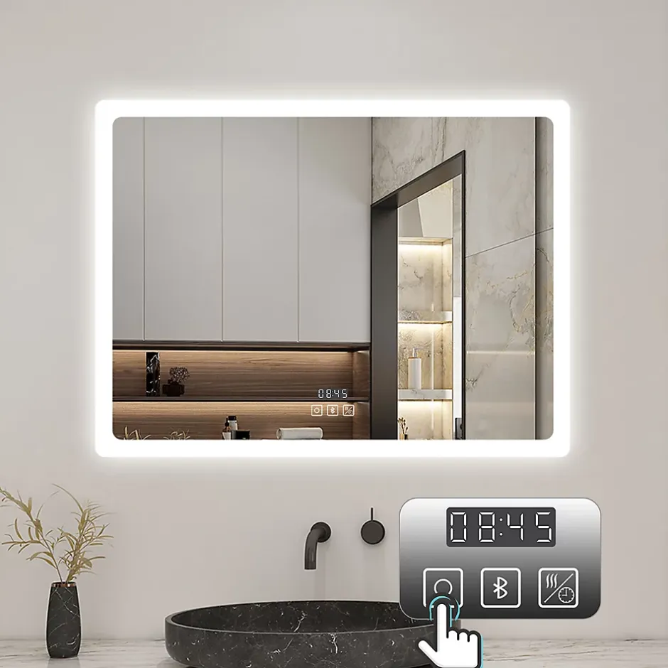 AICA Sanitaire Miroir de salle de bain LED avec bluetooth et horloge, 100x60cm, Tri-color, anti-buée,* Miroir Lumineux