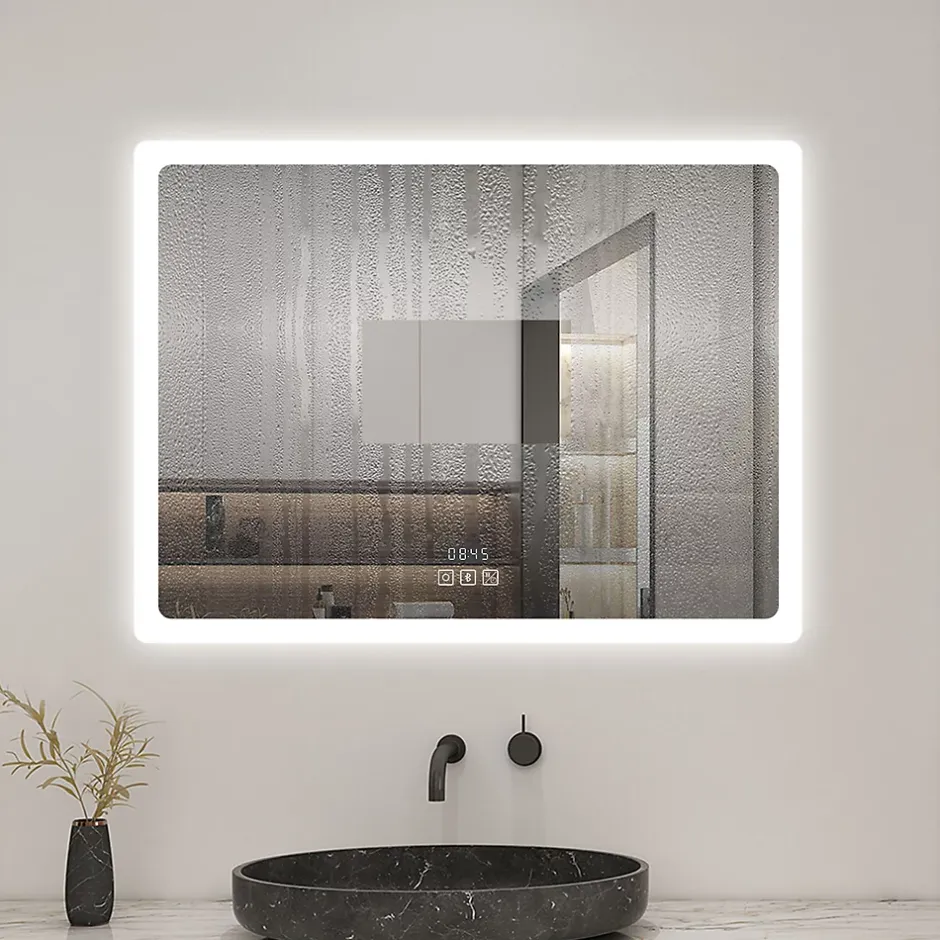 AICA Sanitaire Miroir de salle de bain LED avec bluetooth et horloge, 100x60cm, Tri-color, anti-buée,* Miroir Lumineux