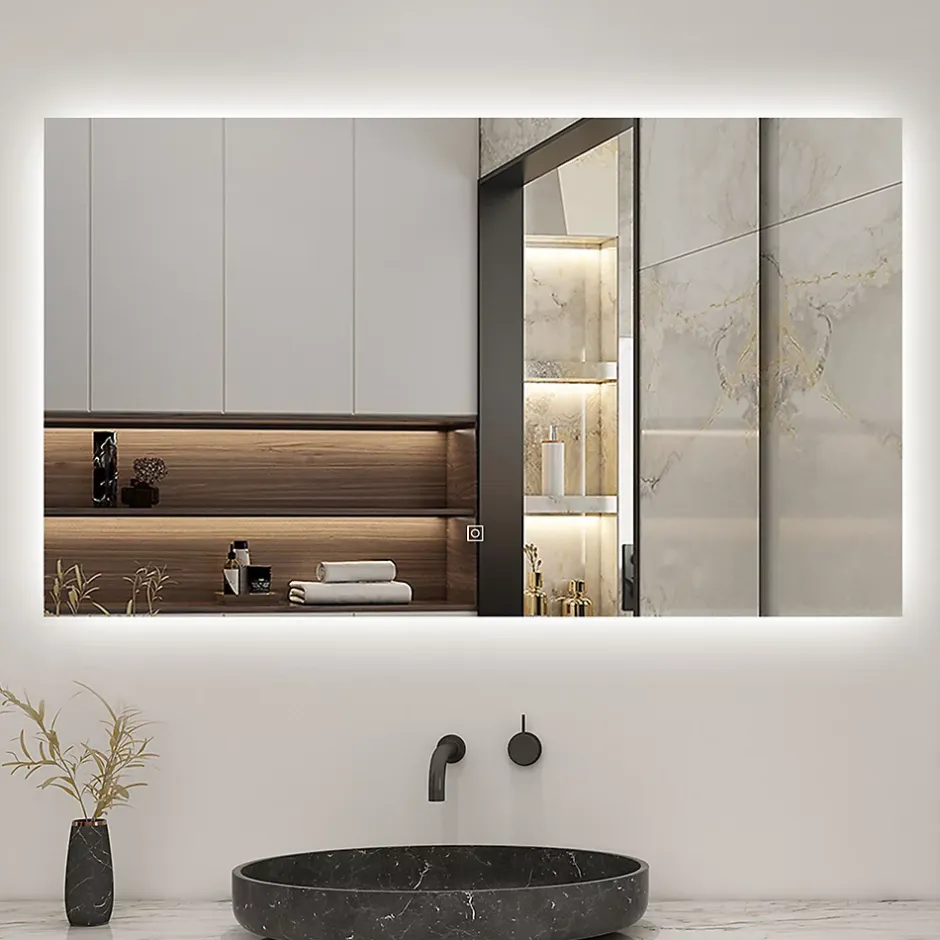 AICA Sanitaire Miroir de salle de bain LED 80x60 cm rétro-éclairé sans cadre avec anti-buée + mémoire + dimmable,* Miroir Lumineux