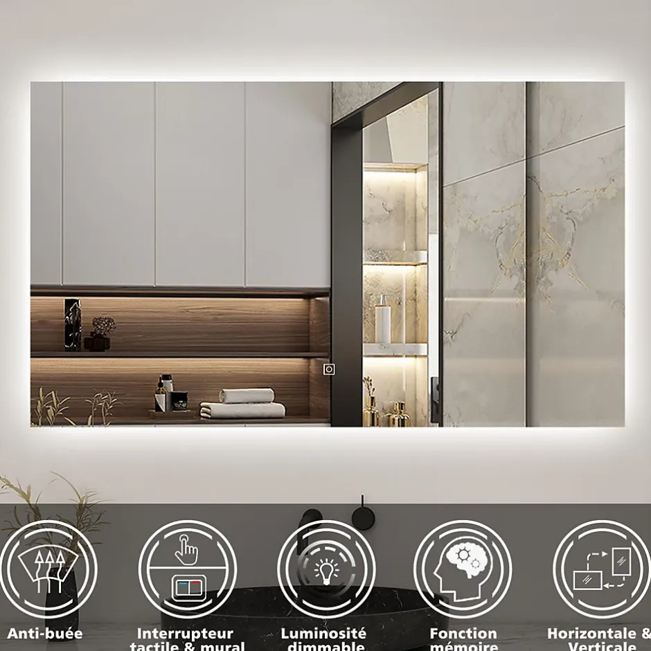 AICA Sanitaire Miroir de salle de bain LED 80x60 cm rétro-éclairé sans cadre avec anti-buée + mémoire + dimmable,* Miroir Lumineux