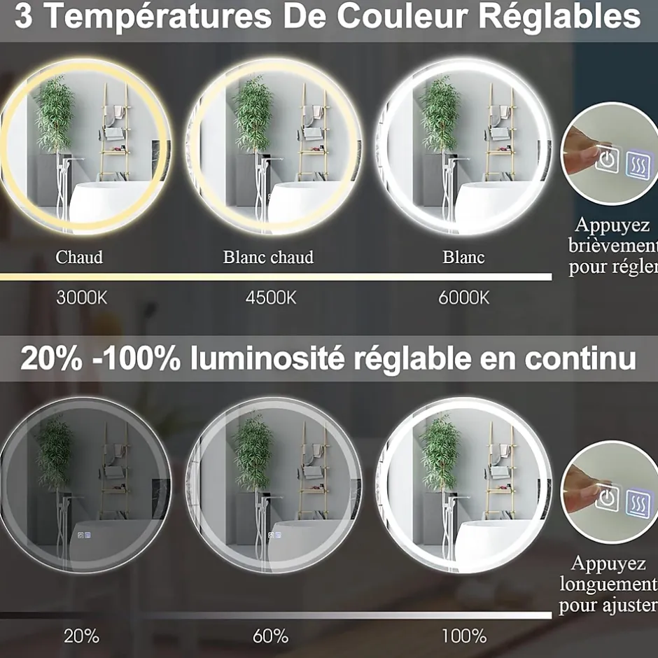 Giantex Miroir de Salle de Bain LED Miroir Mural avec 3 Couleurs de Lumière & Luminosité Réglable Miroir de Coiffeuse LED* Miroir Lumineux