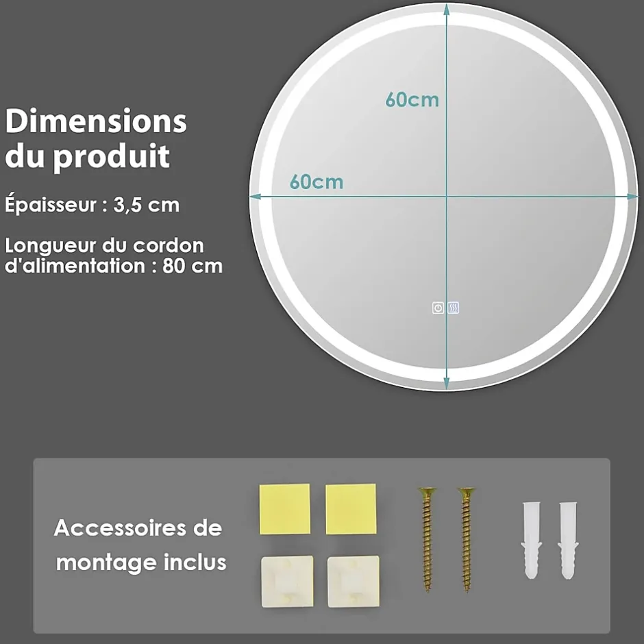 Giantex Miroir de Salle de Bain LED Miroir Mural avec 3 Couleurs de Lumière & Luminosité Réglable Miroir de Coiffeuse LED* Miroir Lumineux