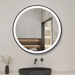 AICA Sanitaire Miroir de salle de bain LED rond 60 cm avec cadre noir, tricolore + anti-buée + mémoire + gradation infinie,